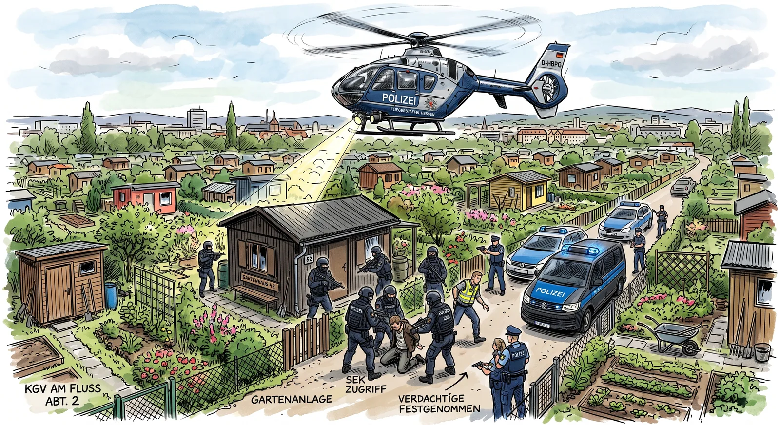 Symbolbild: Polizeieinsatz mit SEK und Hubschrauber in einer Kasseler Kleingartenanlage.